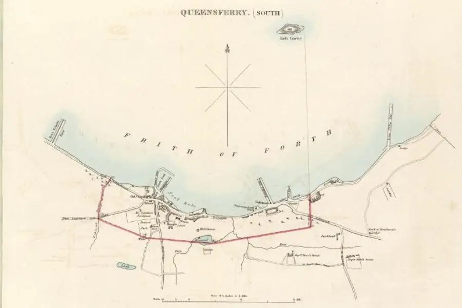 Historic survey map of Queensferry shoreline showing railway alignments and harbour before the Forth Rail Bridge