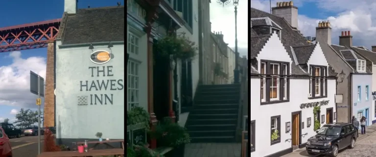 View of South Queensferry with the Hawes Inn, High Street steps and traditional waterfront buildings.