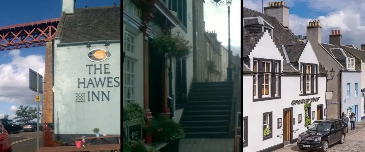 View of South Queensferry with the Hawes Inn, High Street steps and traditional waterfront buildings.
