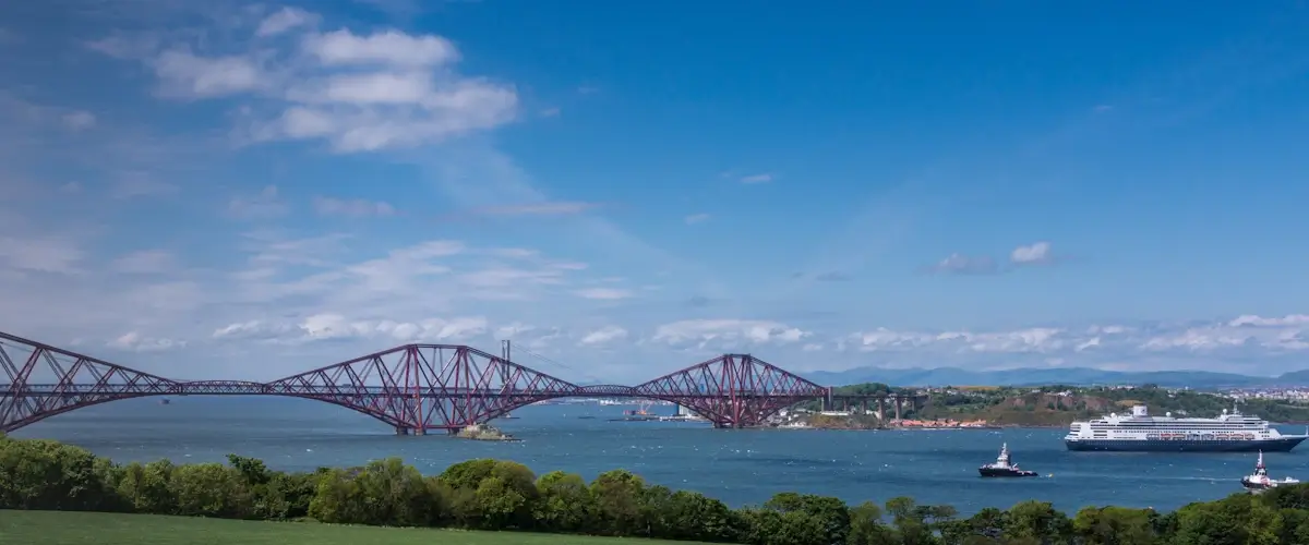 South Queensferry and the Forth bridges seen from the Firth of Forth on a cruise day