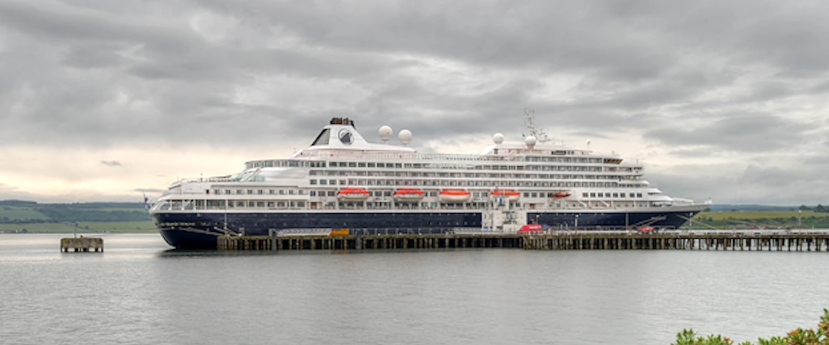 Cruise ship docked at Invergordon service base on the Cromarty Firth in the Scottish Highlands