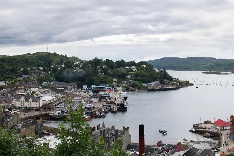 Oban cruise port harbour and town centre from McCaig's Tower on Scotland’s west coast