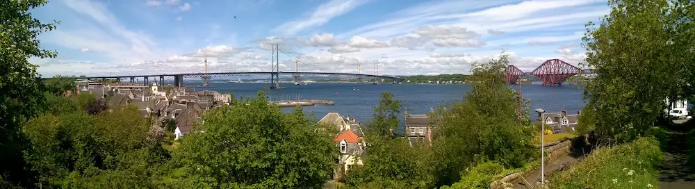 Panoramic view of the Three Bridges in South Queensferry, the starting point for our travel guides