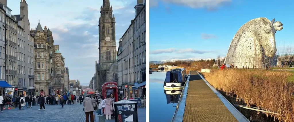 Edinburgh city street with the Kelpies sculptures near Falkirk, Scotland - popular south queensferry cruise excursions