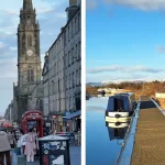 Edinburgh city street with the Kelpies sculptures near Falkirk, Scotland - popular south queensferry cruise excursions