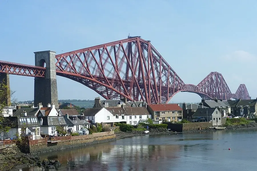 Forth Bridge with is red cantilever spans as viewed from north queensferry