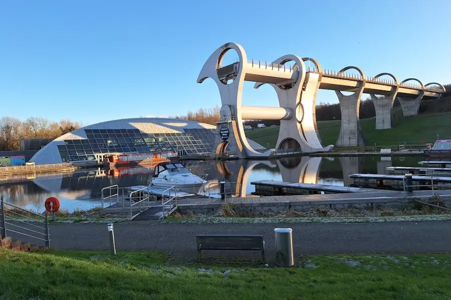 Falkirk Wheel rotating boat lift beside the canal in Scotland