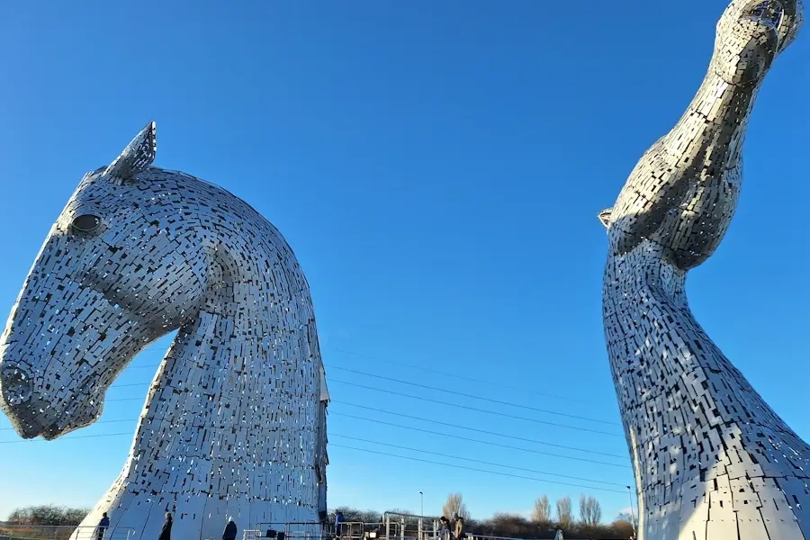 Close-up view of the Kelpies horse-head sculptures in Falkirk
