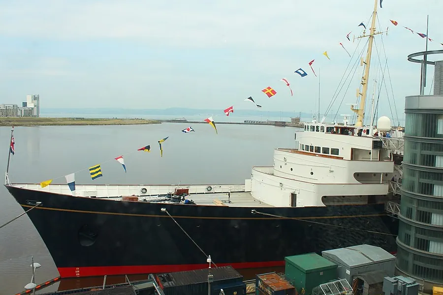 Royal Yacht Britannia exterior deck and masts at Leith cruise port