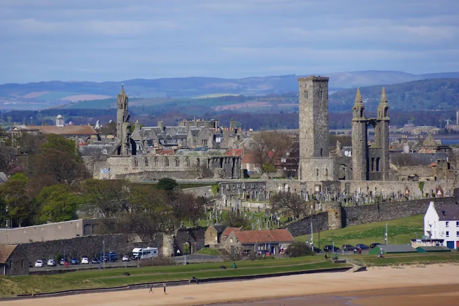 St Andrews skyline and cathedral ruins seen from above on a South Queensferry cruise excursion