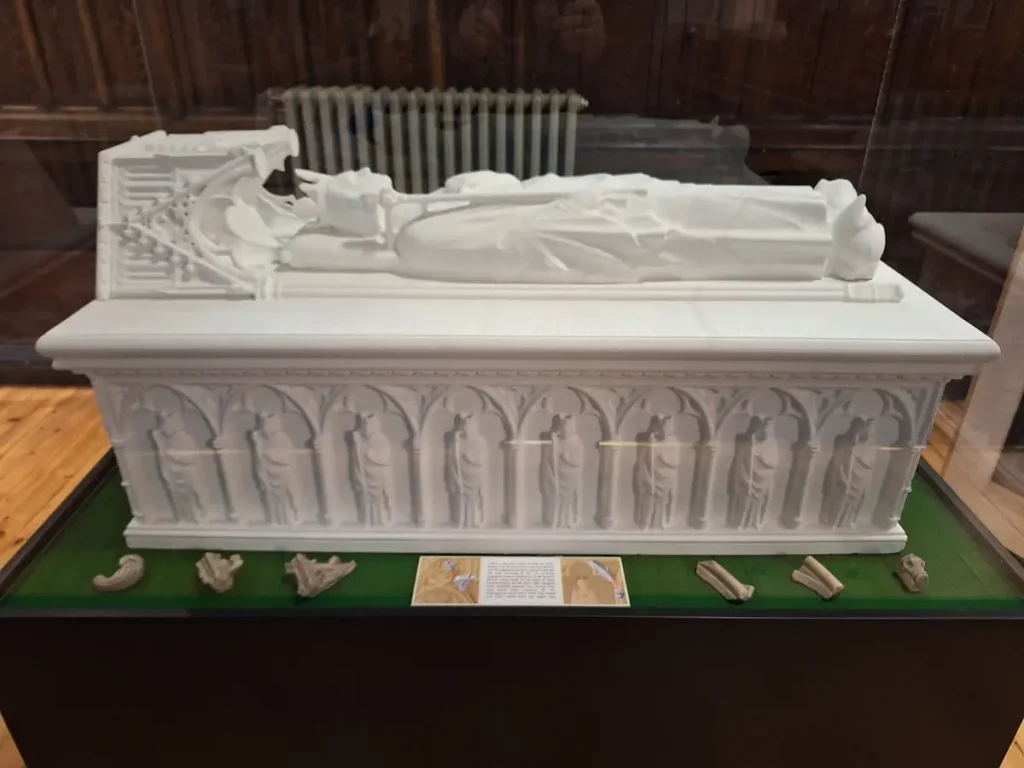 Model of Robert the Bruce’s lost tomb with a carved effigy, on display in Dunfermline Abbey Church